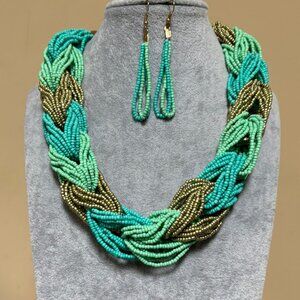 Turquoise and mint braided necklace earring set